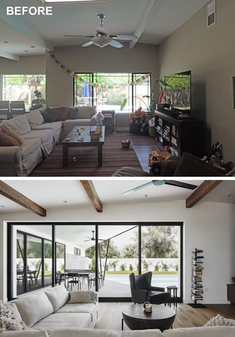 Windows in a living room replaced with pocketing sliding glass doors. House Renovation Ideas Before And After, Modern House Renovation, Living Room Makeovers, House Makeovers, House Before And After, House Flip, House Flipping, Arizona House, Work Studio