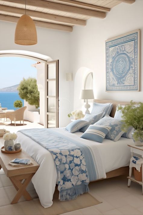 Greece House Aesthetic Interior, Mediterranean Costal House, Mediterranean Interior Design Style Bedroom, Mama Mia House Aesthetic, Greece Homes Interior, Seaside Interior Design, Medditeranean Bedroom, Santorini Style Home, Greek Inspired Bedroom