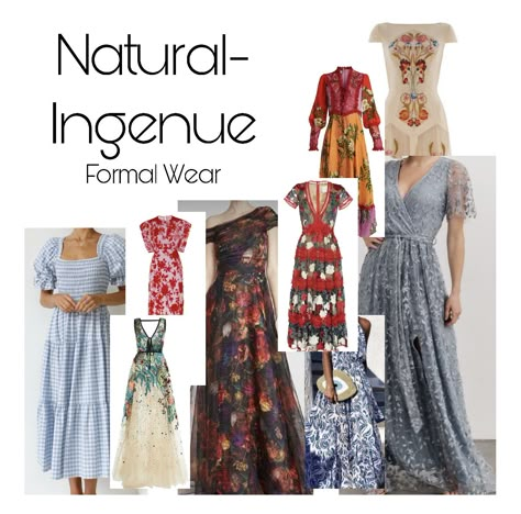 A collage of Natural-Ingenue essence inspiration for formal wear. Ingenue Essence Outfits Fall, Flamboyant Natural Ingenue Essence, Natural Classic Ingenue Essence, Natural Ingenue Style Outfit, Soft Natural Ingenue Essence, Ingenue Natural Style, Ingenue Essence Outfits, Ingenue Outfits, Natural Ingenue Essence