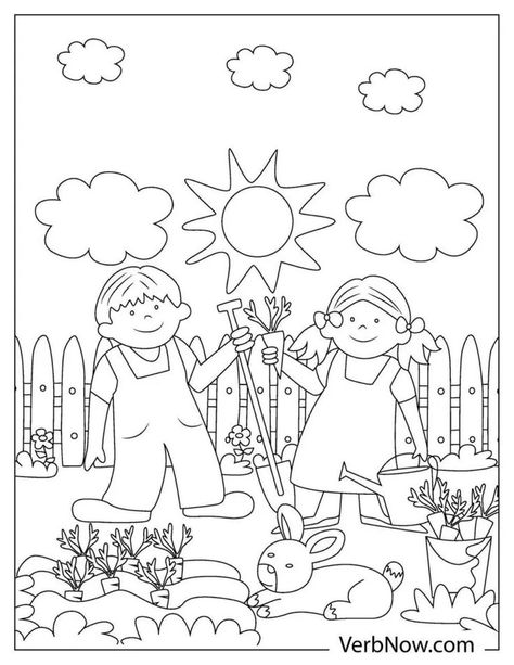 Illustration of two children taking care of the carrot garden for the rabbit, behind the fence and the sun and clouds Vegetable Garden Coloring Pages, Plant Coloring Pages, Plants Coloring Pages, Earth Day Coloring Pages, Carrot Gardening, Garden Coloring Pages, Drawing Pages, Garden Picture, Popular Coloring Pages