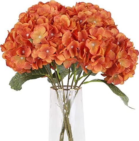 Amazon.com: Jim's Cabin Artificial Flowers Silk Hydrangea Flowers with 5 Big Heads Fake Flower Bunch Bouquet for Home Wedding Party Decor DIY(Orange) : Home & Kitchen Large Hydrangea, Flowers With Leaves, Party Decor Diy, Home Wedding Party, Hydrangea Colors, Orange Home, Silk Hydrangeas, Flower Bunch, Pink Vase