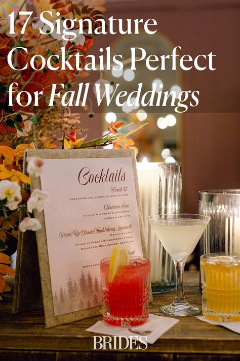 If you're planning a fall wedding, you'll want to serve signature cocktails that match the vibe of the season. Here, we're sharing 17 delicious ideas to inspire your own signature drink for a fall wedding, including options made with pumpkin, apple, cinnamon, and other seasonal flavors. // Photo: Michelle Beller Photography October Wedding Cocktails, Fall Wedding Signature Drink Ideas, Fall Bridal Shower Drink Ideas, Fall Drinks For Wedding, Fall Cocktails For Wedding, Wedding Cocktails Fall, Best Signature Drinks For Wedding, Her Signature Drink Wedding, Easy Wedding Signature Drinks