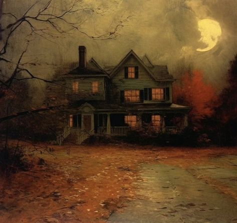 Halloween Painting Landscape, Spooky Scenery Painting, Halloween Aesthetic Landscape, Halloween Fall Paintings, Dear October, Haunted House Painting, Haunted House Pictures, Halloween Landscape, Paint Styles