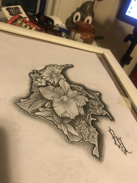 Colombian Heritage Tattoo, Colombian Art Tattoo, Colombian Orchid Tattoo, Colombia Map Tattoo, Colombia Tattoo Ideas Men, Colombian Flower Tattoo, Colombian Inspired Tattoo, Colombia Tattoo Ideas For Women, Colombian Tattoo Ideas Men