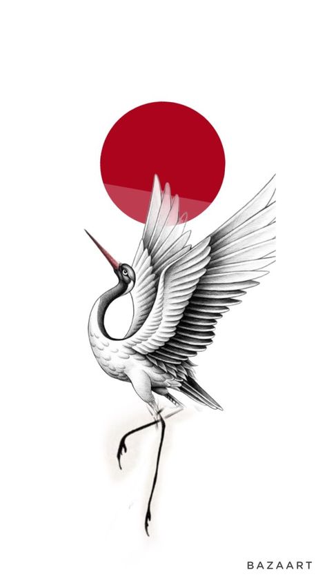 Japanese Botanical Tattoo, Crane Back Tattoo, Stork Tattoo, Japanese Crane Tattoo, Japanese Crane Art, Crane Logo, Ink Tattoo Design, Red Tattoo Ideas, Red Ink Tattoo