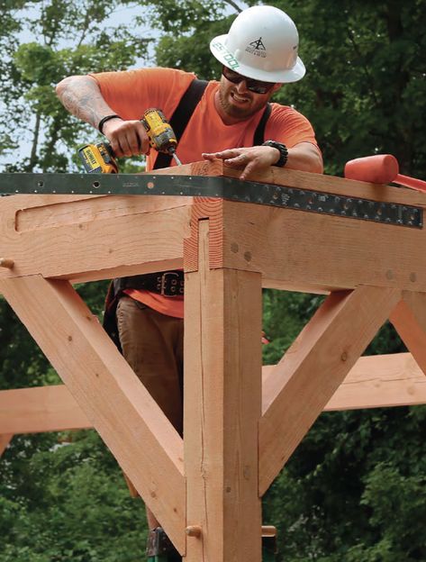 Timber Frame Interior, Timber Frame Joints, Pergola Construction, Timber Frame Construction Detail, House Construction Ideas, Timber Frame Garage, Cut Down Trees, Timber Frame Pergola, Timber Framing Tools