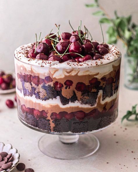 This vegan black forest trifle is just like your classic German gateau but easier to prepare and assemble! It's packed with soft and fluffy eggless chocolate cake, a light and dreamy chocolate custard, macerated cherries and whipped cream. via @rainbownourish Triffle Desserts Vegan, Vegan Black Forest Gateau, Vegan Black Forest Trifle, Dark Chocolate Trifle, Black Forest Trifle Christmas, Vegan Christmas Trifle, Amazing Christmas Cakes, Vegan Black Forest Cake, Vegan Xmas Dessert