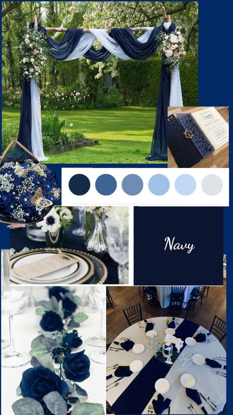 Navy Blue And Gold Wedding Backdrop, Navy Theme Wedding, Dark Beach Wedding Theme, Royal Blue And Grey Wedding Theme, Wedding Ideas Dark Blue, Dark Blue Themed Wedding, Dark Blue And White Wedding Theme, Navy Blue Wedding Theme Color Schemes Colour Palettes, Midnight Blue And White Wedding