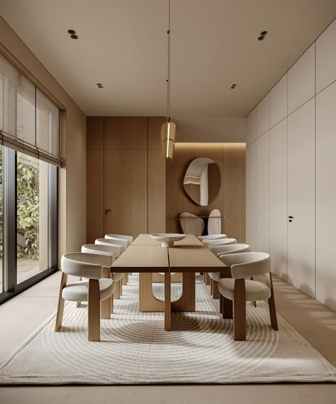 Zen in Bahrain: A Contemporary Haven of Sleek Lines and Organic Shapes Japandi Rustic, Dining Room Drawing, Dining Room Minimalist, Minimal Dining Room, Dining Cabinets, Wabi Sabi House, Japandi Dining, Hotel Room Interior, Japan Interior