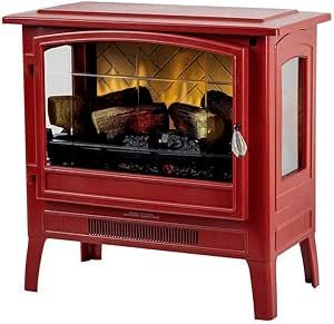 Country Living Infrared Freestanding Electric Fireplace Stove Heater in Deep Red | Provides Supplemental Zone Heat with Remote, Multiple Flame Colors, Metal Design with Faux Wooden Logs Plug In Fireplace, Minimalist Door Handle, Electric Fireplace Stove, Freestanding Electric Fireplace, Etched Glass Door, Flame Colors, Fireplace Stove, Freestanding Stove, Brick Background