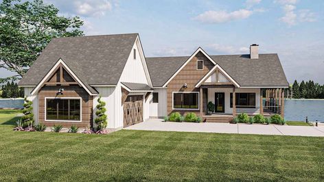 Modern-farmhouse House Plan - 2 Bedrooms, 2 Bath, 1856 Sq Ft Plan 52-520 Bar Flooring, Lake House Plans, Farmhouse House, House Plans Farmhouse, Modern Farmhouse Plans, Best House Plans, Cathedral Ceiling, Modern Farmhouse Style, Farmhouse Plans