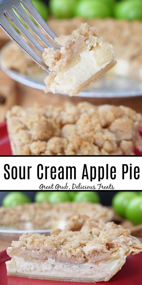 A double photo collage of sour cream apple pie. Apple Cream Pie Recipe, Sour Cream Apple Pie, Apple Pie Ingredients, Apple Crumb Pie, Fall Deserts, Pecan Cobbler, Apple Pie Recipe Easy, Sliced Apples, Tart Pie