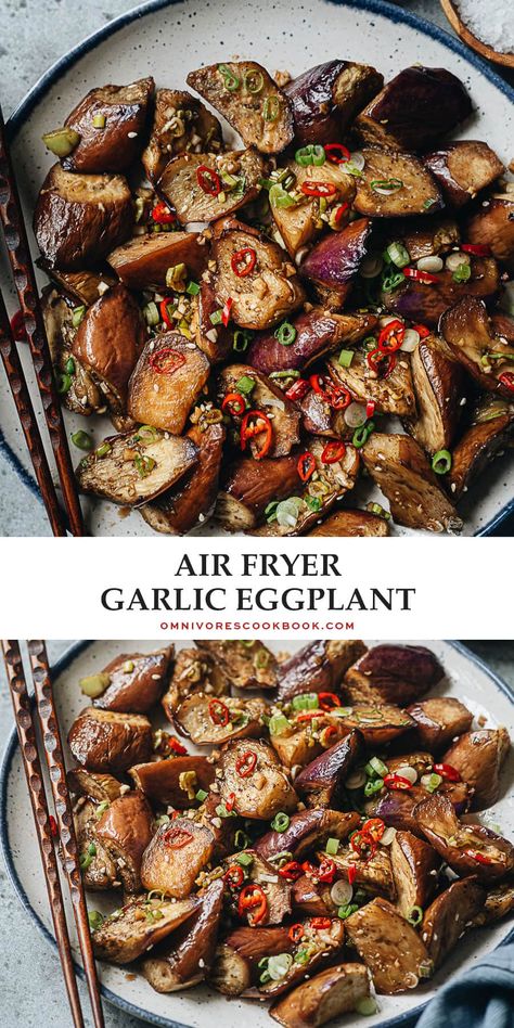 This Chinese style air fryer eggplant features tender eggplant with crispy charred edges, tossed in a light garlic sauce to further enhance the flavor. It is super easy to put together and fast to cook, making it a perfect side dish for your weekday dinner. {Gluten-Free Adaptable, Vegan} Air Fryer Chinese, Chinese Eggplant Recipes, Air Fryer Eggplant, Eggplant With Garlic Sauce, Chinese Eggplant, Eggplant Recipes Easy, Free Lunch, Eggplant Dishes, Weekday Dinner