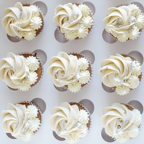 Cupcake Cakes For Weddings, Small Wedding Cakes With Cupcakes Simple, Simple White Cupcakes, Cupcakes White Frosting, Simple Bridal Shower Cupcakes, Cupcakes At A Wedding, White Cupcake Decorations, Plain White Cupcakes, Wedding Cupcakes Decoration Ideas