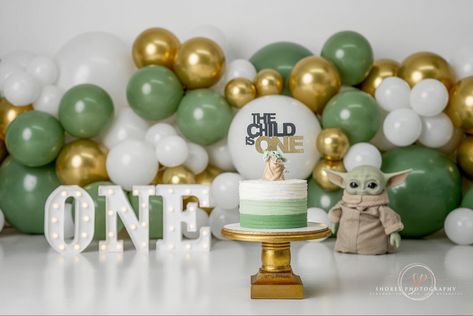 Mandalorian Bday Party, Mandalorian Smash Cake, Grogu Birthday Cake Ideas, Grogu Birthday Party Decorations, One With The Force Smash Cake, Yoda First Birthday Party, Nerdy First Birthday Party Ideas, Mandalorian 1st Birthday, Grogu Smash Cake