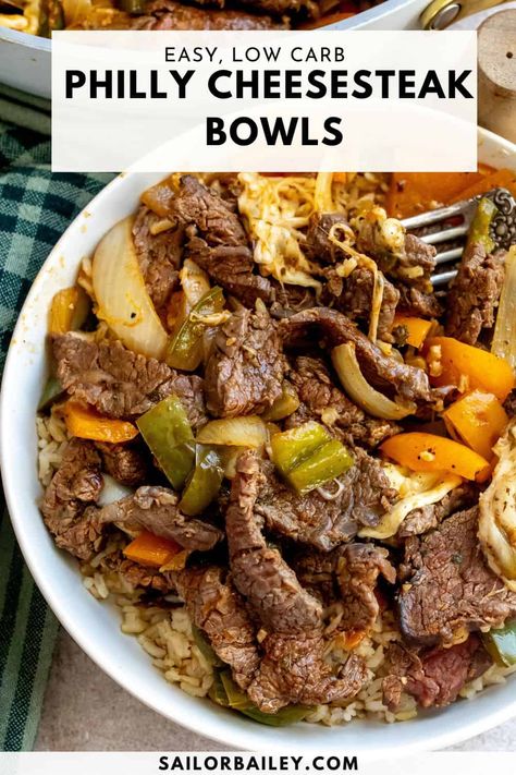 Philly Cheesesteak Bowls are easy, customizable and can be enjoyed as a low carb meal! The juicy steak is blasted with flavor you will love. via @sailor_bailey No Carb Philly Cheese Steak, Philly Cheesesteak Protein Bowl, Philly Cheesesteak In A Bowl, Healthy Cheesesteak Bowl, Philly Cheese Beef Skillet, Deconstructed Steak Kabobs, Philly Cheese Steak Meal Prep Bowls, Philly Steak Bowl, Keto Philly Cheesesteak Bowl