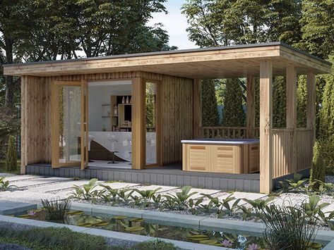 The Crown Buckingham Garden Room - Crown Pavilions Hot Tub Enclosure, Hot Tub Pergola, Hot Tub Area, Contemporary Garden Rooms, Backyard Guest Houses, Hot Tub Gazebo, Hot Tub House, Garden Cabins, Summer House Garden