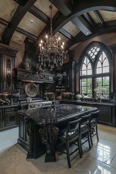 13 Gothic Kitchen Interior Designs To Fuel Your Dreams! - My Decor Inspo Goth Victorian Kitchen, Gothic French Country, Gothic Mansion Aesthetic, Witch House Aesthetic, Gothic House Interior, Black Aesthetic Home, Goth House Interior, Modern Gothic House, Gothic Modern House