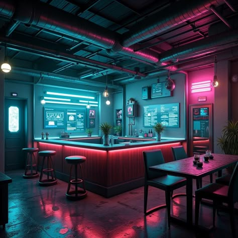 Explore industrial cyberpunk bar ideas that fuse edgy metallic textures, neon lights, and futuristic tech-inspired decor. Create an immersive, dystopian vibe with bold colors, industrial elements, and cyberpunk aesthetics for a one-of-a-kind bar experience. 👾 #sipthestyle #cyberpunkbar #cyperpunk #bartheme Neon Bar Aesthetic, Sci Fi Bar, Cyberpunk Bar, Sci Fi Bedroom, Bar Themes, Industrial Cyberpunk, Booth Lighting, Bar Lounge Design, Kind Bar