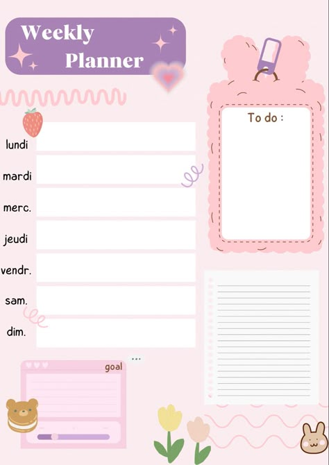 ♡ aesthetic, kawaii, pink, cutecore, softcore, organization, planner, weekly planner, flower, cute bear, cute bunny, soft, fluffy, notes, goals, to do list, printable and 100% free Kawaii List Template, Kawaii Weekly Planner Template, Kawaii Not Template, To Do List Kawaii Printable, Kawaii Planner Printables Free, Weekly Planner Free Printable Aesthetic, Aesthetic Daily Planner Template Pink, Kawaii Planner Template, Kawaii Printables Templates