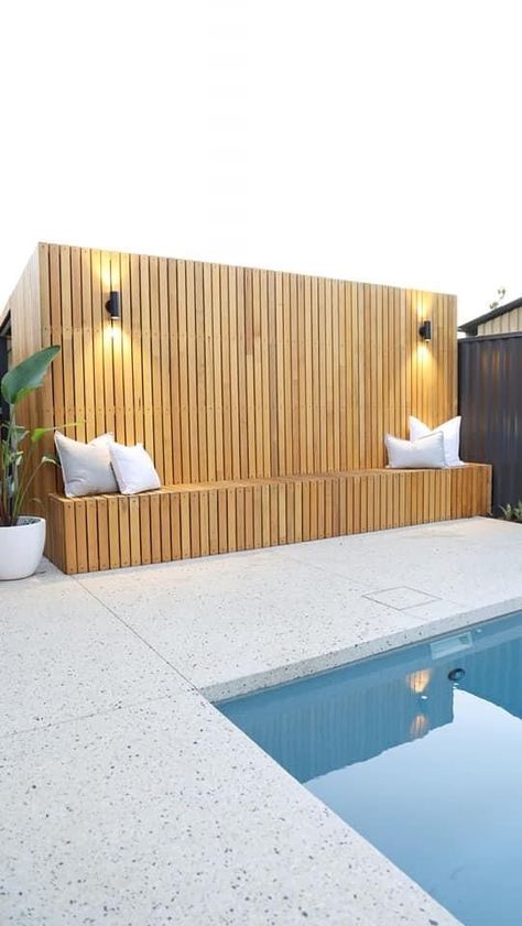 41 Pretty Outdoor Terrazzo Flooring Ideas - Shelterness Modern Pool Lounge Chairs, Outdoor Terrazzo, Pool Fencing Landscaping, Black Fencing, Pool Entertainment Area, Outdoor Fire Pit Seating, Pool Cabanas, Pool Landscaping Ideas, Outdoor Pool Area