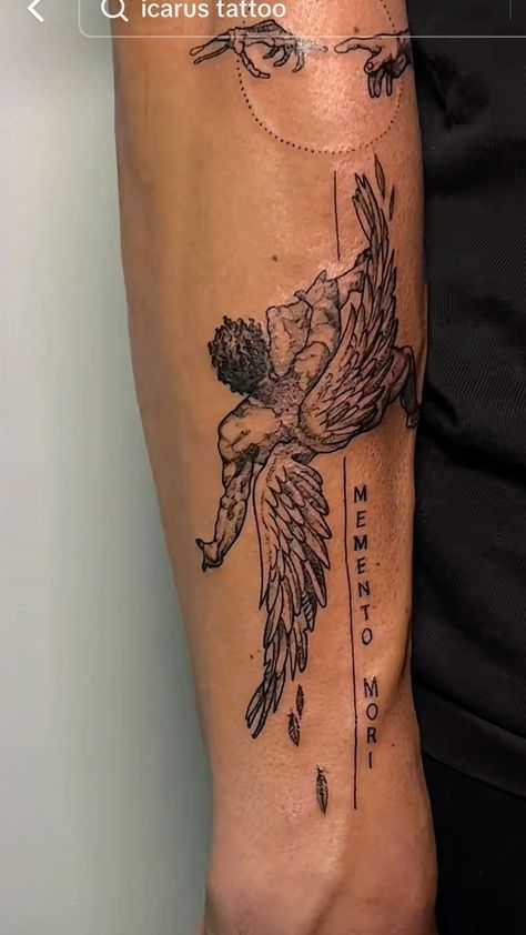 Icarus Shoulder Tattoo, Falling Angles Tattoos, Angel Tattoo Men Shoulder, Angel Arm Tattoo For Women, Icarus Arm Tattoo, Angel On Back Tattoo, First Men’s Tattoos, Four Arms Tattoo For Men, Angel Falling Tattoo