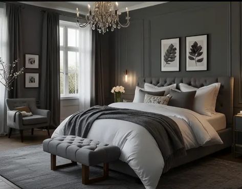 15 Stunning Gray Bedroom Ideas - NEKIG :COASTALCHARM BLOG Bedroom With Dark Grey Furniture, Dark Grey Headboard Bedroom Ideas Cozy, Guest Bedroom Gray Headboard, Master Bedrooms Dark Gray Walls, Dark Grey Bedroom Decor, Dark Gray Bedroom Walls, Bedroom Ideas Gray And White, Dark Gray Bedroom Ideas, Dark Grey Headboard Bedroom Ideas