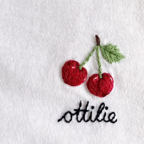 Cherry Embroidery Tutorial, Cherry Embroidery Design, Embroided T Shirts, T Shirt Embroidery Diy, Tomato Embroidery, Embroidered Clothes Ideas, Embroidery On Tshirt, Cherries Embroidery, Cherry Clothes