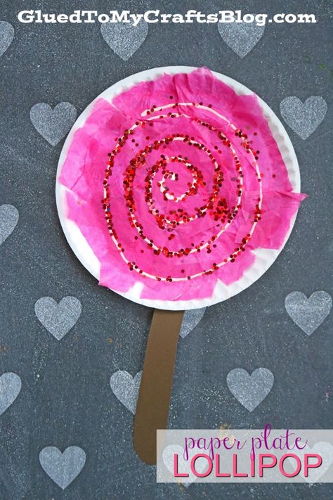 Paper Plate Lollipop - Valentine's Day Kid Craft Idea #kidcrafts #gluedtomycrafts #valentinesday #kidcraftidea Candyland Crafts For Preschoolers, Candy Land Crafts For Kids, Candyland Crafts For Kids, Pink Crafts For Preschoolers, Lollipop Template, Letter L Crafts, Lollipop Craft, February Crafts, Pink Crafts