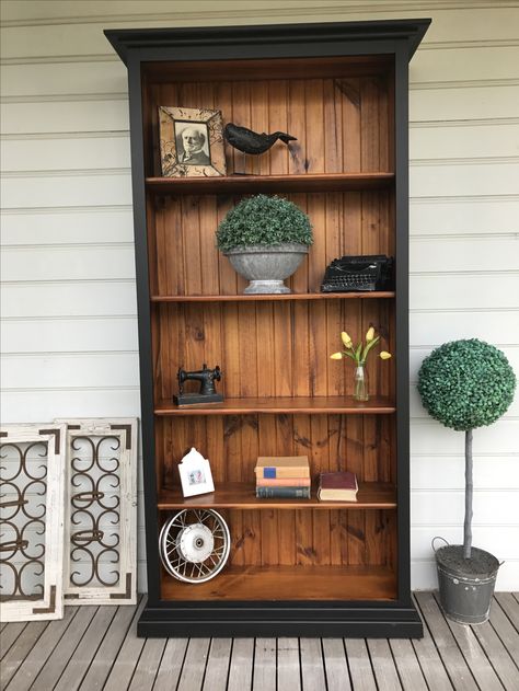 Two tone timber bookcase  Just Completed and ready for it's new home. Two Toned Bookshelf, 2 Tone Bookshelf, Ikea Hackd, Two Tone Bookcase, Upcycle Bookcase, Dark Wood Bookcase, Living Room Credenza, Diy Bookcase, Bookcase Makeover