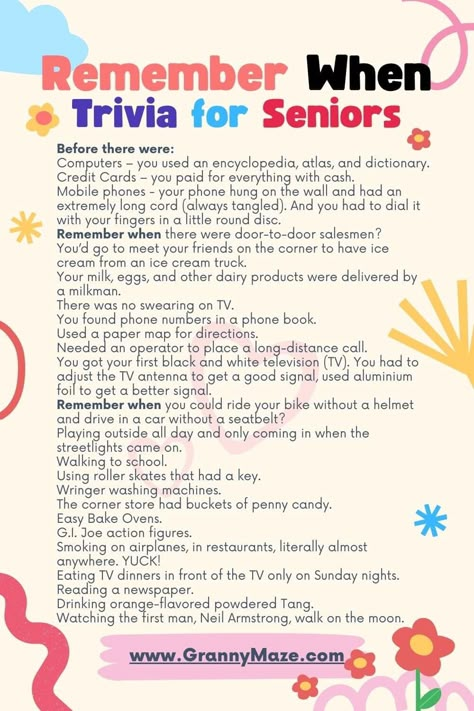 Boost Your Brainpower with Remember When Trivia games for Seniors. Make your brain thrive @grannymaze Cranium Crunches For Seniors, Reminiscing Questions For Seniors, Senior Citizens Games Activities, Wheelchair Activities For Seniors, Finish The Phrase Game For Seniors, Activity Packets For Seniors, Meaningful Activities For Seniors, Evening Activities For Seniors, Happy Hour For Seniors