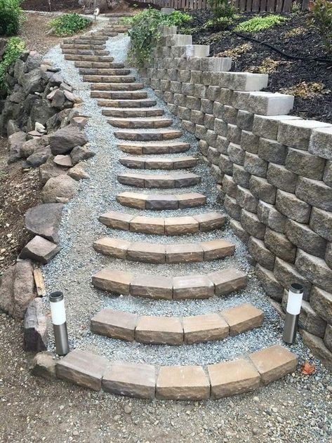 Walkway For Sloped Yard, Stairs Outdoor Landscape, Hillside Erosion Control Retaining Walls, Block Stairs Outdoor, Hillside Steps Sloped Backyard, Backyard Steps Ideas, Build Steps Into Hillside, Hillside Walkway Ideas, Backyard Stairs On A Slope