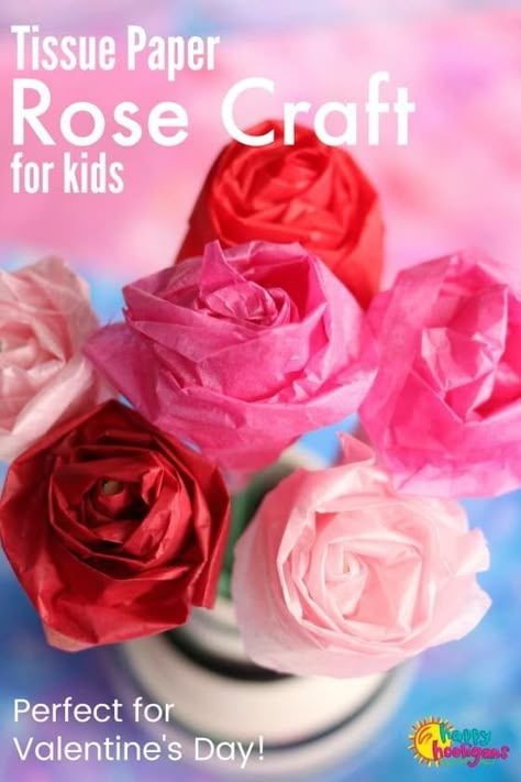 These tissue paper roses are easy enough for kids to make. Learn how to make roses out of tissue paper that look pretty enough to be real. Great Valentines craft or Mother's Day craft for kids to make for Mom or Grandma! #HappyHooligans #FlowerCrafts #ValentinesCrafts #PaperRoses #RoseCrafts #KidsCrafts #CraftsForKids #TissuePaperCrafts Make Flowers Out Of Tissue Paper, Diy Valentines Decorations Tissue Paper, Flower Wrapped In Paper, What To Do With Tissue Paper, Rose Tissue Paper Flowers, Roses Out Of Tissue Paper, Tissue Paper Roses Diy How To Make, Making A Rose Out Of Tissue Paper, Make A Rose Out Of Paper