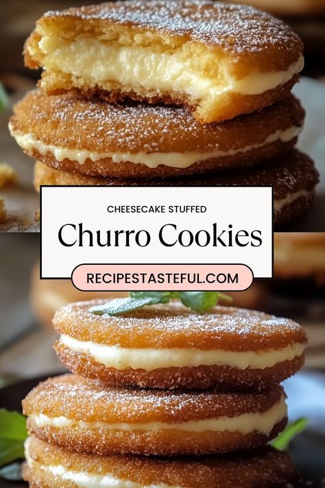 These Cheesecake Stuffed Churro Cookies combine the best of both worlds—crispy, cinnamon-sugar-coated churros and creamy, rich cheesecake! With a luscious cheesecake filling nestled inside, these indulgent cookies offer the perfect balance of textures and flavors. Ideal for special occasions or as a fun twist on classic cookies, they’re sure to be a hit with anyone who loves a sweet, decadent treat! Churro Dessert, Churro Cookies, Worlds Best Cookies, Cheesecake Cookies Recipes, Rich Cheesecake, Churro Cheesecake, Sandwich Fillings, Christmas Cookie Exchange, Cheesecake Filling