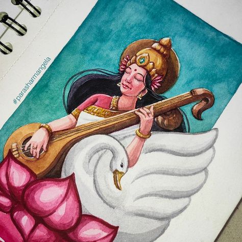 Saraswati Watercolor Painting, Hindu God Painting Easy, Ma Laxmi Drawing, Laxmi Drawing Easy, Ma Saraswati Drawing, Saraswati Maa Drawing Easy, Saraswati Goddess Paintings Easy, Sarswati Maa Drawing Easy, Swarasati Maa Drawing