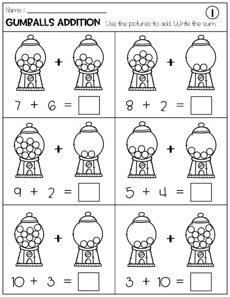 Addition with Pictures Sum up to 20 Worksheets - Adding Gumballs Pictures Math Worksheets Printable Addition With Pictures, Adding Worksheets, Number Sentences, Addition Kindergarten, Math Addition Worksheets, Addition And Subtraction Worksheets, 1st Grade Math Worksheets, Preschool Writing, Learning Worksheets