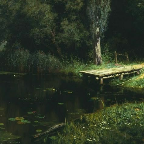 Night Pond Aesthetic, Pond Painting, Forest Core, Dark Forest, Nature Aesthetic, Green Aesthetic, Enchanted Forest, Fantasy Landscape, Dark Aesthetic