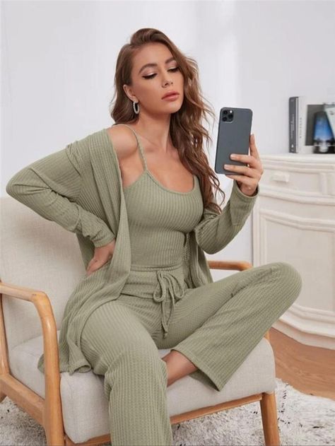 Women's Solid Ribbed Lounge Set, Casual Comfy Crop Cami Top & Long Sleeve Open Front Midi Outwear & Drawstring Pants Co-ord Set, Pyjama Set for Spring & Fall Flirty Pajamas, Pijamas Women, Lounge Clothes, Pyjamas Womens, Pajama Suit, Matching Family Pajamas, Matching Pajamas, Loungewear Women, Home Clothes