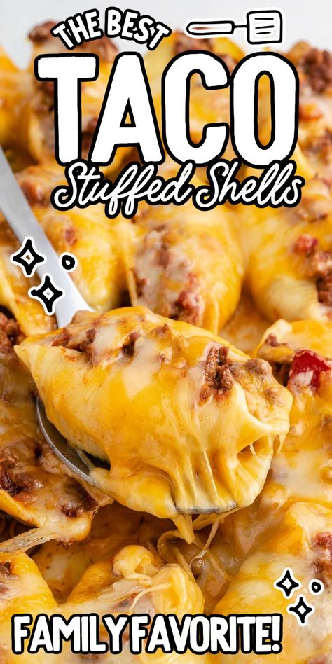 Taco stuffed shells are loaded with seasoned ground beef, gooey cheese, and taco toppings, and are a great way to put a new twist on taco Tuesday. Jumbo Shell Recipes, Baked Stuffed Shells, Mexican Stuffed Shells, Taco Tuesday Recipes, Seasoned Ground Beef, Taco Toppings, Cheese Stuffed Shells, Filled Pasta, Pasta Shells