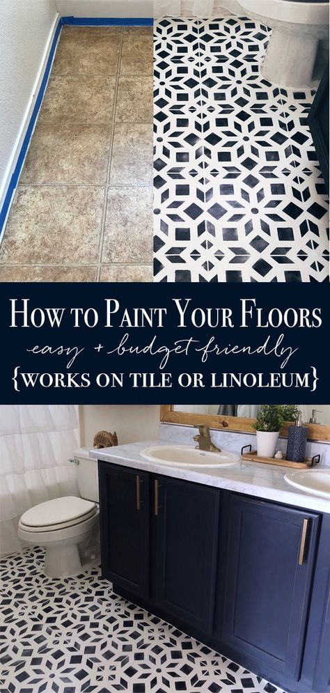 how to paint linoleum, how to paint tile, painted bathroom floor, diy painted floor, bathroom makeover, tile stencil, affordable diy home project, bathroom makeover, bathroom inspiration, chalk painted floor, how to chalk paint a floor #BathroomRemodel Painting Linoleum Floors, Painted Bathroom Floors, Paint Linoleum, Diy Painted Floors, Linoleum Floors, Bathroom Renovation Diy, Painted Bathroom, Tile Stencil, Painted Floor