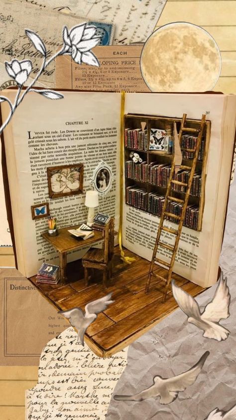 Diy Book Nook Harry Potter, Homemade Book Nook, Miniature Booknook, Dollhouse Miniatures Rooms, Carton Diy, Room Box Miniatures, Homemade Books, Fairy House Crafts, Bookshelf Art