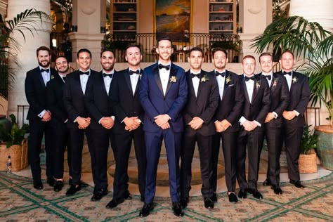 Groom Navy Groomsmen Black, Navy Groom Tuxedo Wedding, Groomsmen Blue Tuxedo, Groom In Navy Groomsmen In Black, Blue Suit Groom Black Suit Groomsmen, Navy Blue Tuxedos Wedding, Midnight Blue Wedding Suit Grooms, Groom In Blue Groomsmen In Black, Navy Blue And Black Groomsmen Suits