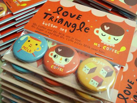 Love Triangle button set by Six Cent Press Button Packaging Ideas, Button Badge Packaging, Button Pin Packaging, Button Badge Design Ideas, Pin Ideas Button, Button Badge Design, Pin Packaging, Pin Button Design, Badge Maker