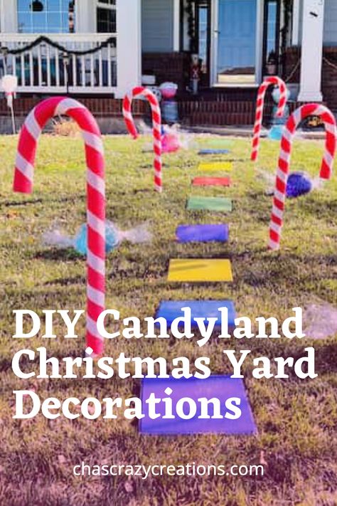 DIY Candyland Christmas Yard Decorations Outdoor Candyland Christmas, Christmas In Candyland, Candyland Outdoor Decorations, Diy Giant Candy Props Christmas, Candyland Christmas Diy, Diy Life Size Gingerbread House, Candyland Theme Christmas Decorations, Candy Land Diy Decorations, Candyland Christmas Decorations Outdoor