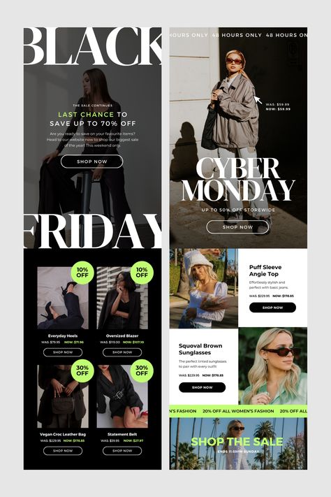 Get noticed this Black Friday & Cyber Monday with bold, attention-grabbing email templates from Sale Graphics Design, Black Friday Marketing Ideas, Email Campaign Design Layout, Black Friday Campaign Ideas, Email Design Inspiration Creative, Black Friday Sale Email, Sale Email Design, Fashion Email Design, Email Campaign Design