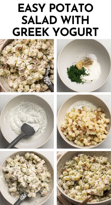 This easy, creamy potato salad gets a burst of flavor and its creamy texture from plain Greek yogurt! Start by boiling diced red potatoes in some salty water, then toss cooked potatoes with a quick dressing made of Greek yogurt, dill, and a bit of mustard. This lightened up potato salad is perfect for meal prep and a great summer side dish: make it ahead of time and keep it in the fridge for a potluck or BBQ! A perfect, protein-packed option if you're looking for a healthy potato salad recipe! Yogurt Potato Salad, Summer Comfort Food, Cabin Meals, Healthy Potato Salad Recipe, Healthy Potato Salad, Potato Salad Dill, Healthy Side Dish Recipes, Cooked Potatoes, Greek Yogurt Dressing