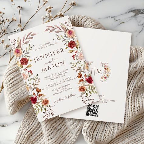 Elegant Brown Terracotta Fall Floral Wedding QR October Wedding Invitations, Terracotta And Burgundy, Bohemian Fall Wedding, Fall Floral Wedding, Bohemian Fall, Elegant Bohemian, Fall Wedding Invitations, September Wedding, October Wedding