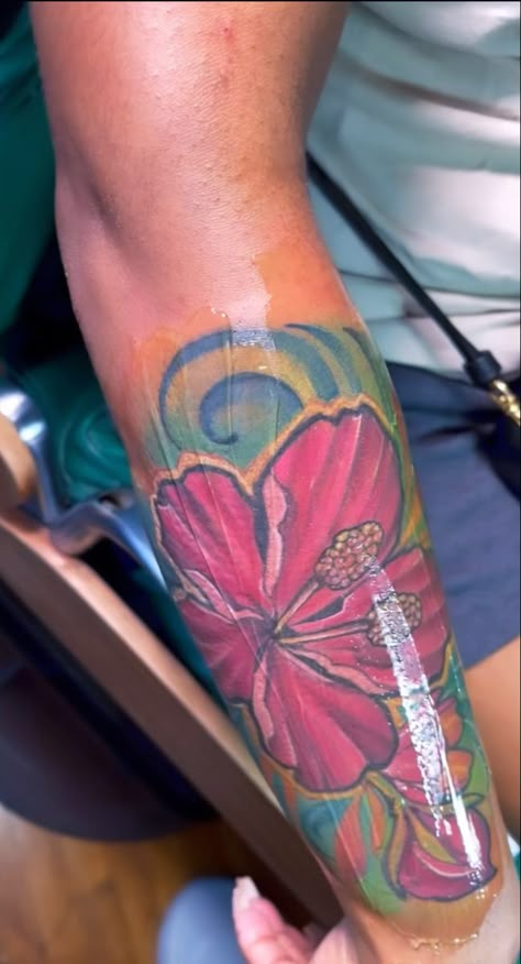 Flower Tattoos With Color Black Women, Color Wrist Tattoo, Colorful Flower Tattoo Black Women, Colorful Leg Tattoos, Colorful Arm Tattoos For Women, Colored Tattoos On Brown Skin, Colorful Tattoos For Black Women, Colored Flower Tattoos, Arm Tattos