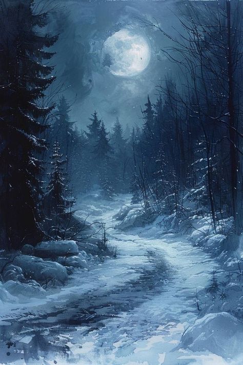 Hunt Aesthetic, Dark Forest Aesthetic, Forest Drawing, Dark Nature, Winter Landscape Painting, Snow Forest, Painting Snow, Environment Art, Night Forest