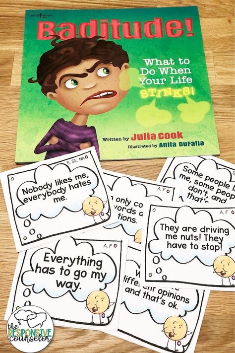 Julia Cook's Baditude is a great book for teaching students about positive thinking and the power of their thoughts! This is a companion lesson with activities to help your students have more positive attitudes! Sel Lessons Elementary, Sel Lesson Plans, Classroom Sel, Emotion Activities, Social Skills Lessons, Social Skills For Kids, Social Emotional Activities, Counseling Lessons, Guidance Lessons